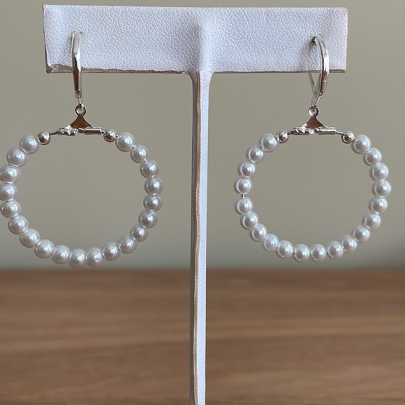 HAND CRAFTED EARRINGS White Glass Pearl Hoops Sterling Silver Ear Wires - Picture 6 of 12